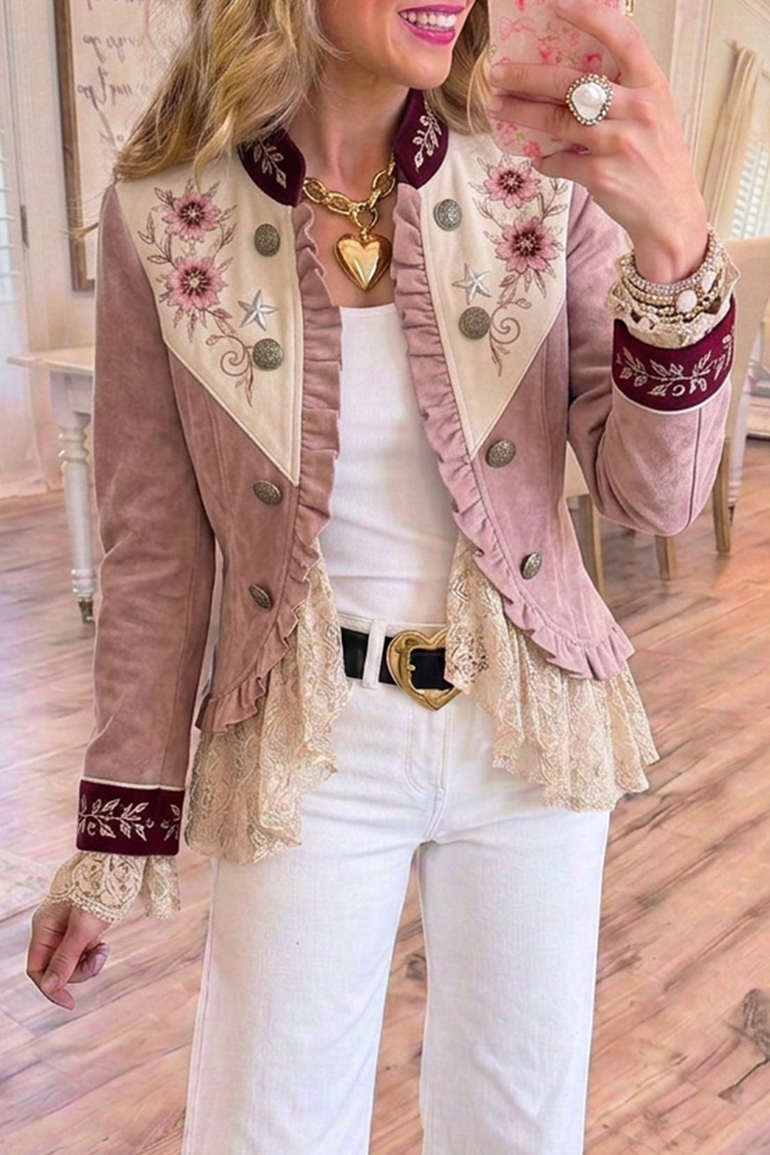 Dusty Pink Western Floral Embroidery Lace Hem Jacket