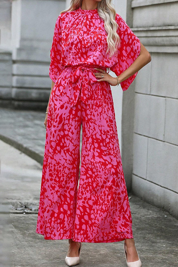 Flounce Sleeve Leopard Belted Wide Leg Jumpsuit
