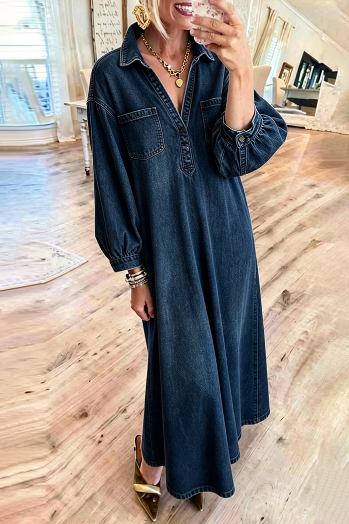 Deep Blue Half Placket Denim Pocket Maxi Dress