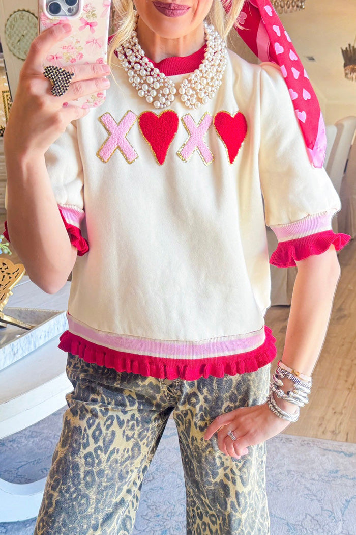 Ruffle Hem Cuff Heart Patchwork Round Neck Top