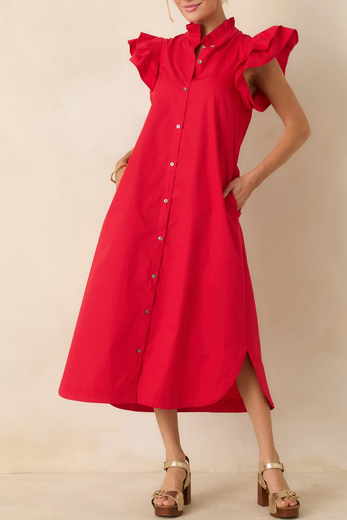 Ruffle Button-Front Pocket Midi Dress
