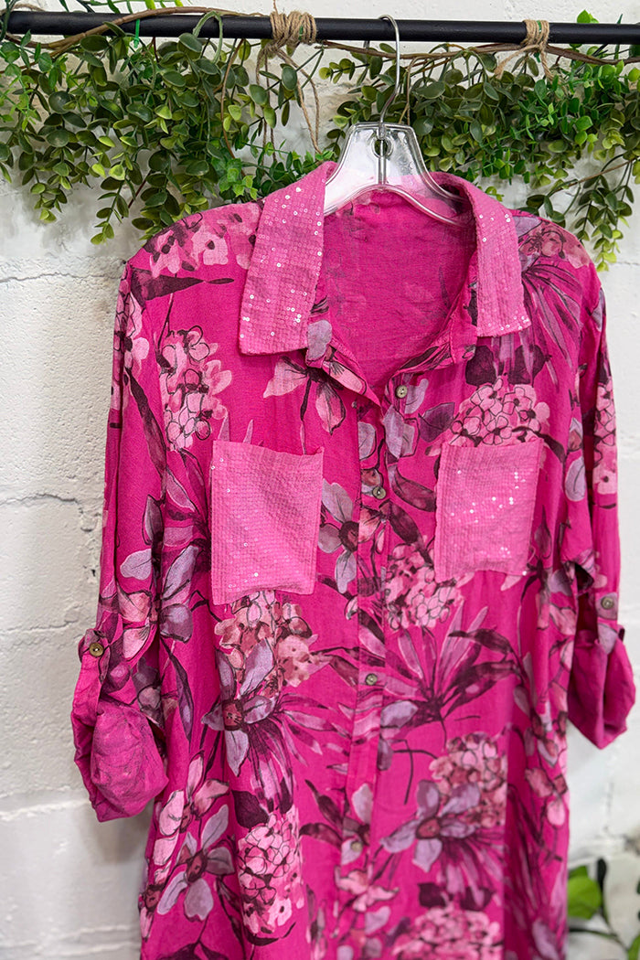 Sequin Collar Floral Button Dress