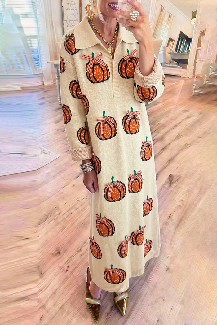Pullover Knit Pumpkin Pockets Maxi Dress
