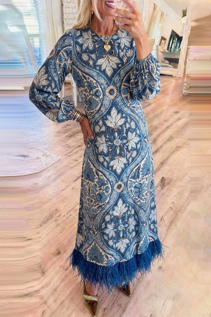 Vintage Floral Tile Round Neck Balloon Sleeve Fringe Hem Maxi Dress