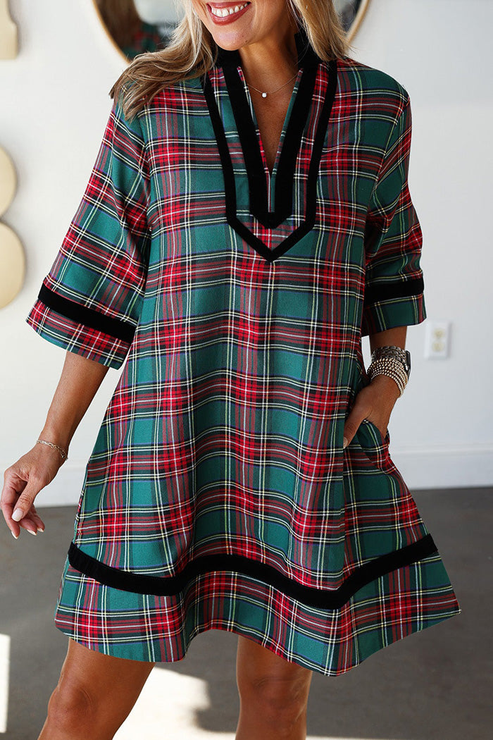 Pocketed Velvet Trim Plaid Dress