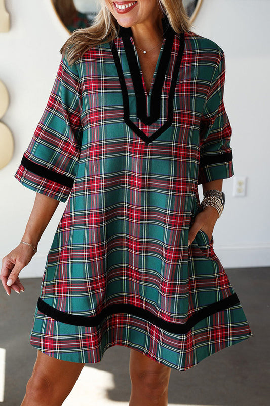 Pocketed Velvet Trim Plaid Dress