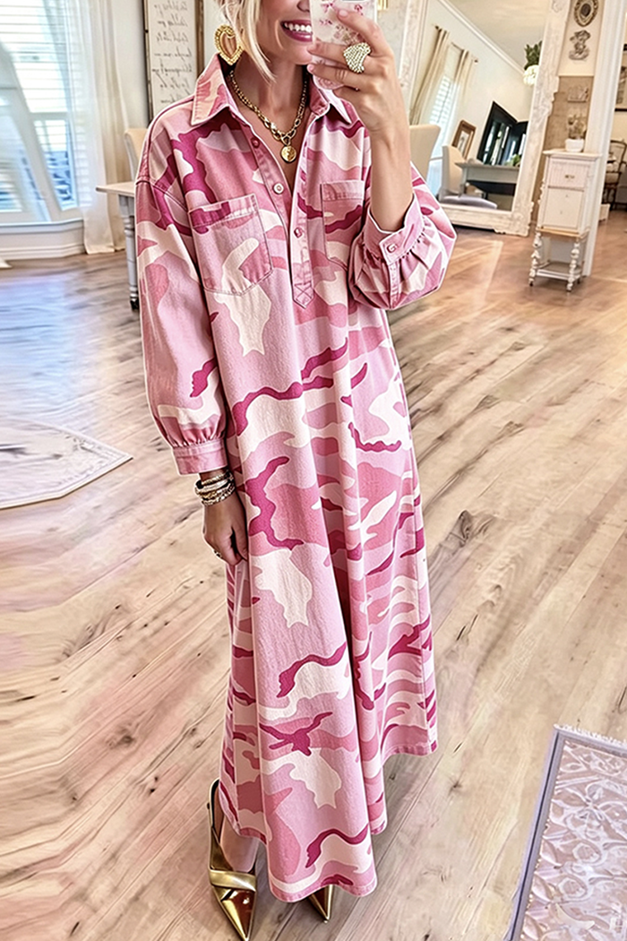 Pink Camo Long Sleeve Denim Maxi Dress