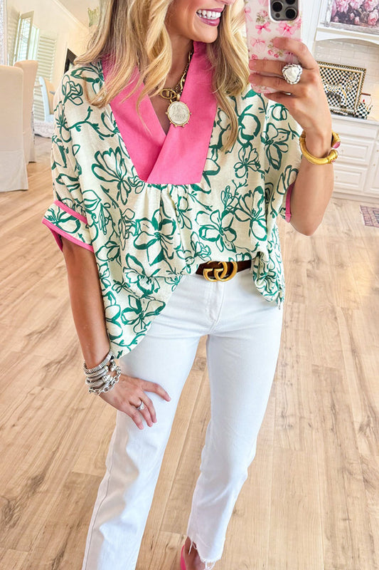Floral Contrast Collar Dolman Sleeve Top