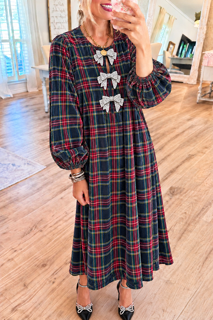 Tartan Plaid Rhinestone Bows Dress