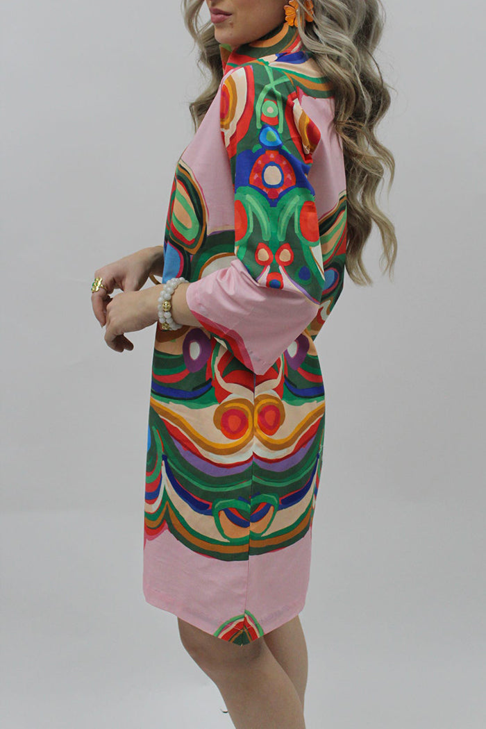 Printed Stand Collared Pocketed Shift Dress