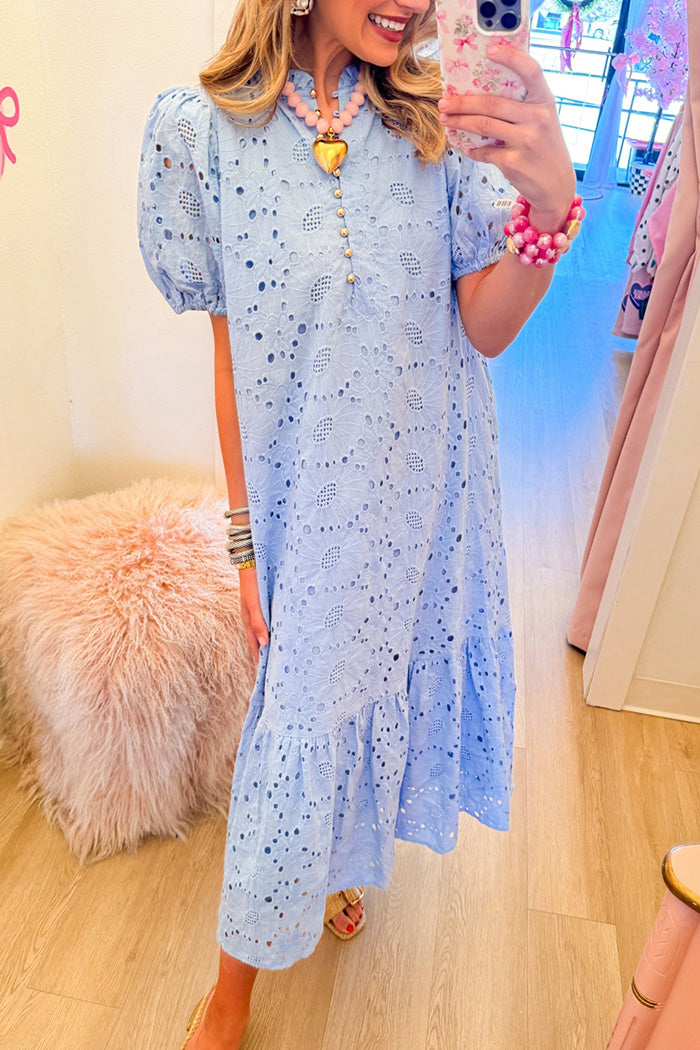 Blue Eyelet Puff Sleeve Ruffle Hem Maxi Dress