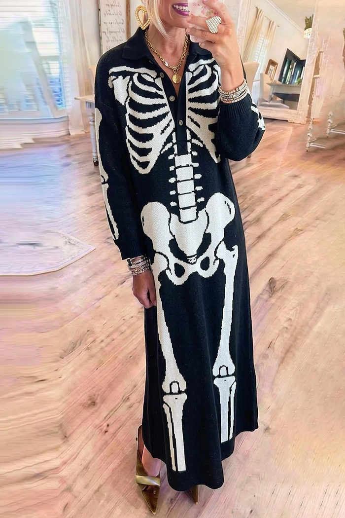 Collared Skeleton Jacquard Knit Pocket Maxi Dress