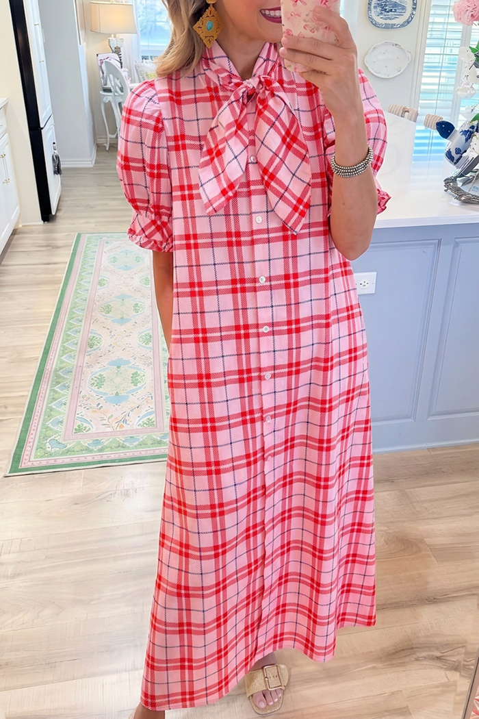 Plaid Bow Neck Puff Short Sleeve Maxi Dress