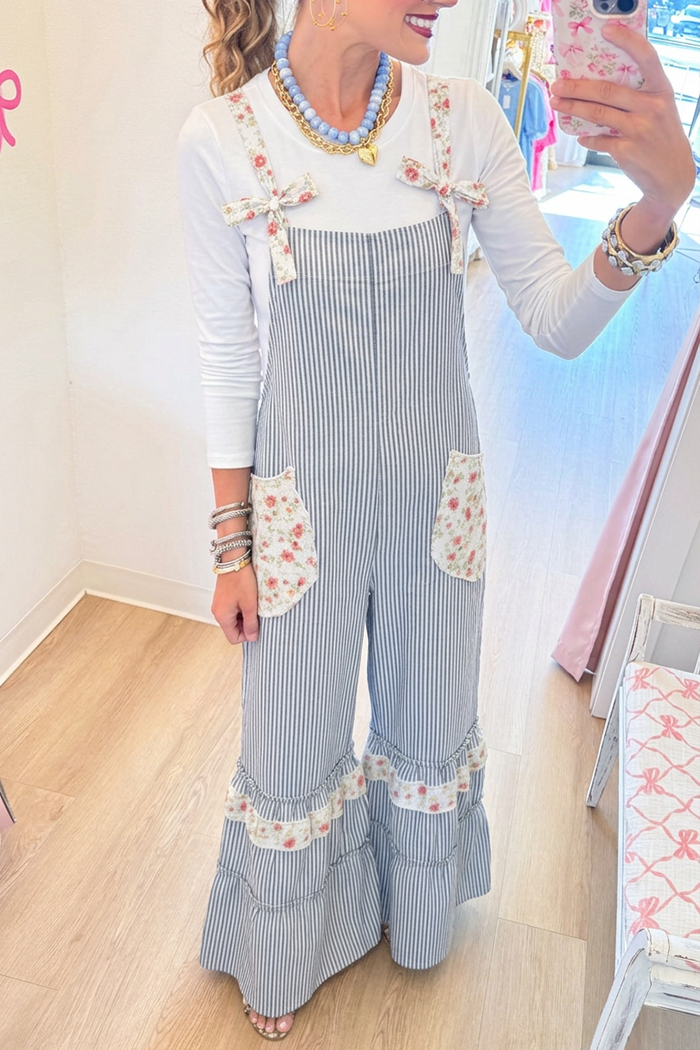 Casual Striped Patchwork Floral Overalls