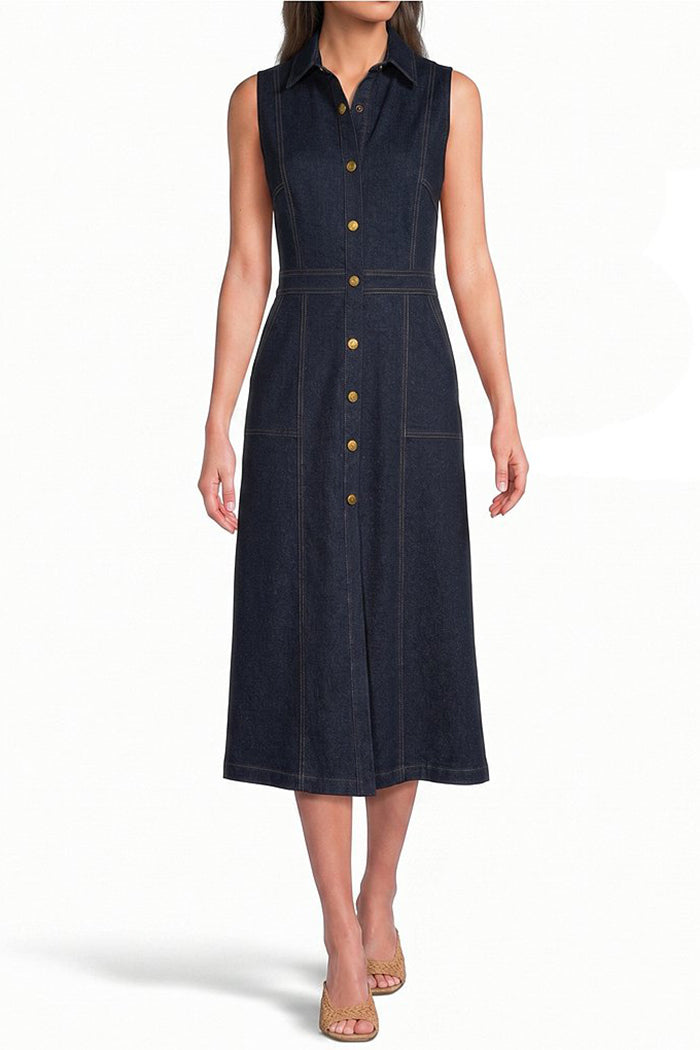 Sleeveless Button Front Denim Midi Shirt Dress