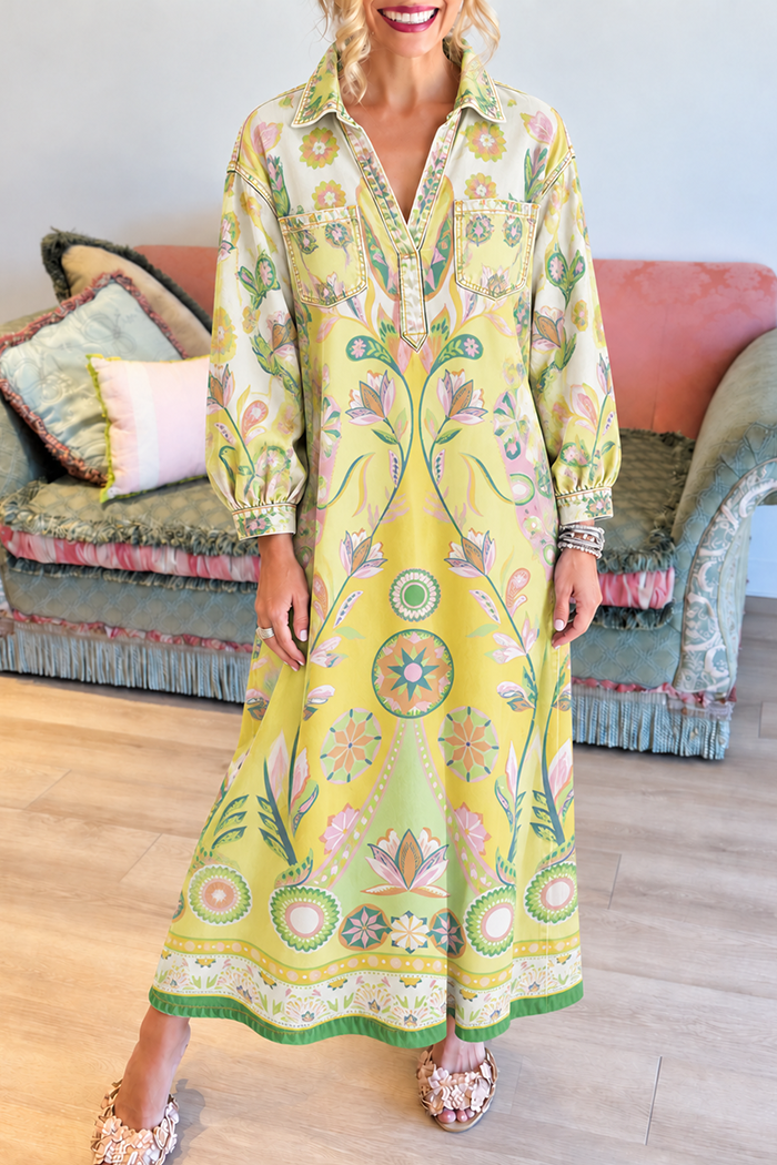 Long Sleeve Boho Floral Pockets Maxi Dress