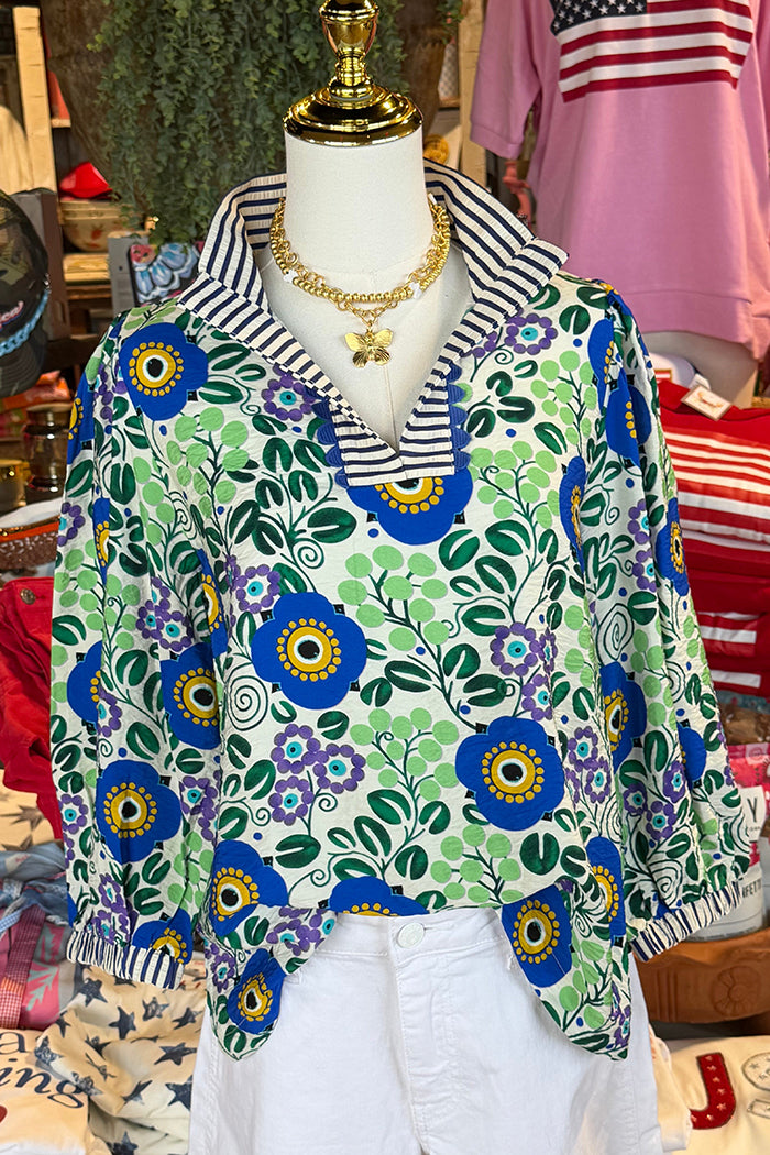 Casual Stripe Collar Floral Top