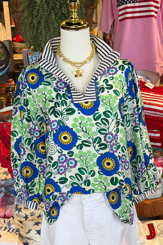 Casual Stripe Collar Floral Top