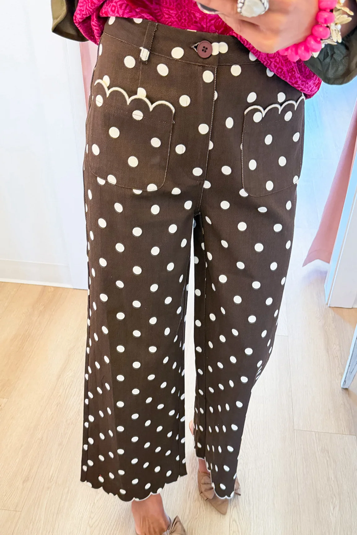 Brown Polka Dot Scallop Trim Pants