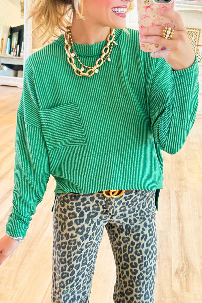 Ribbed Long Sleeve Drop Shoulder Top
