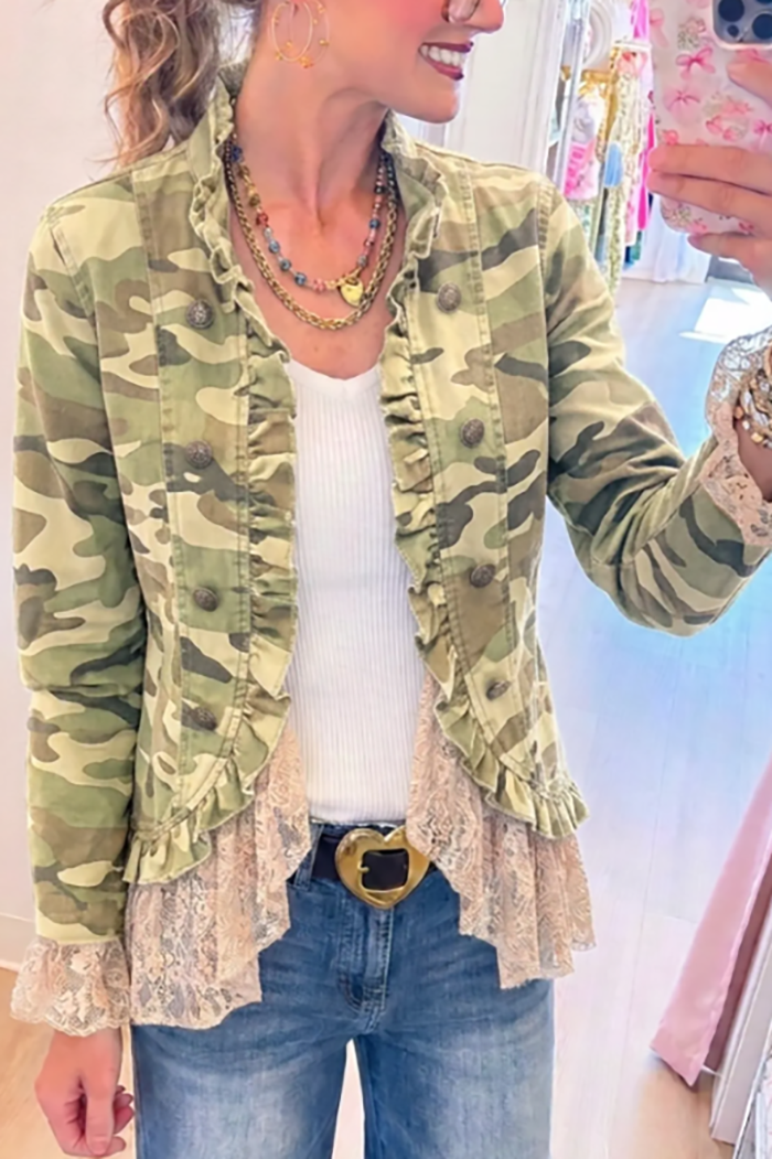 Casual Camouflage Lace Splicing Denim Jacket