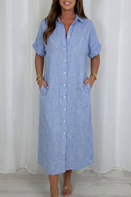 Roll Up Sleeve Pocketed Button Down Shirt Dress