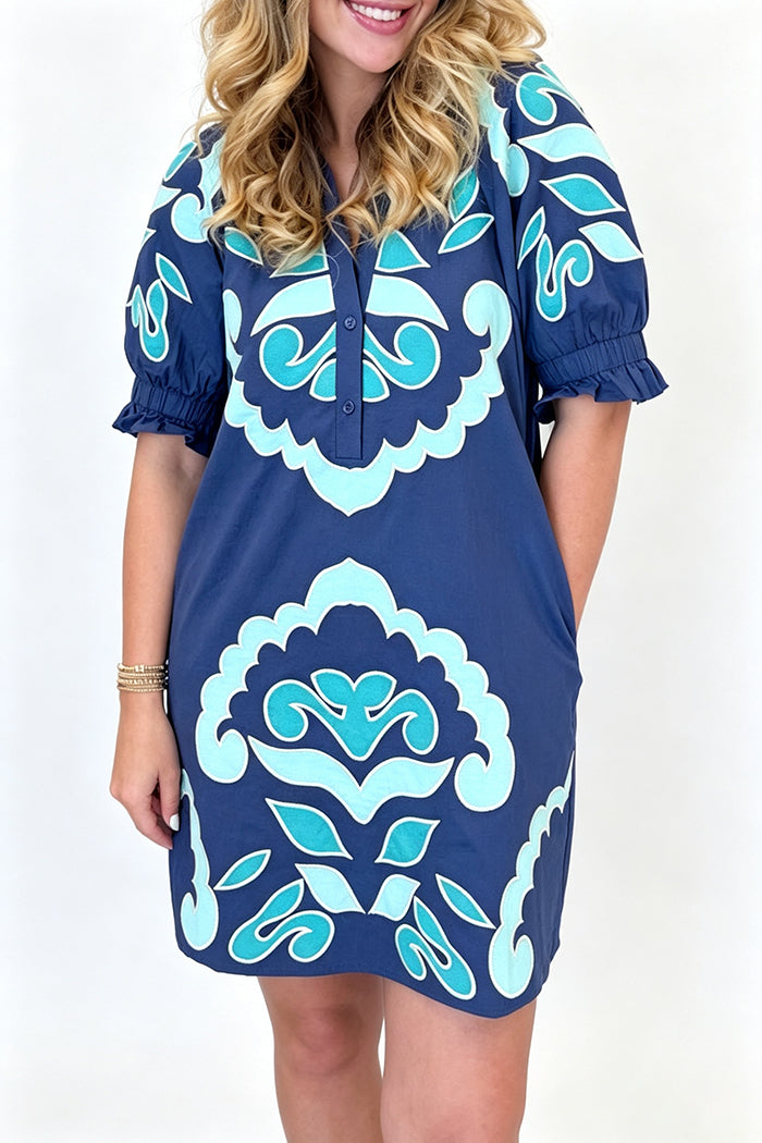 Puffed Sleeve Contrast Geometric Dress