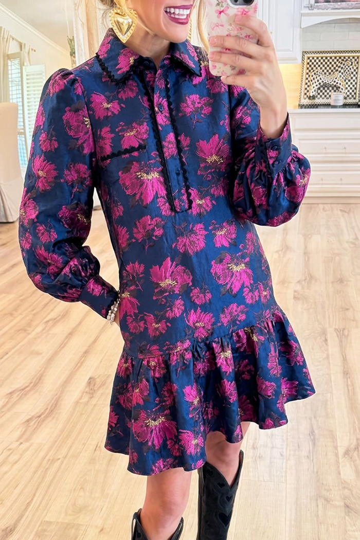Collared Navy Magenta Floral Jacquard Ruffle Hem Pocket Dress