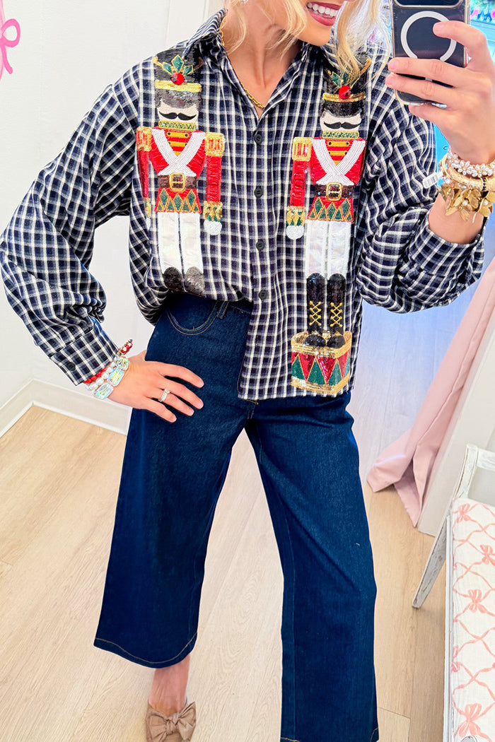 Navy Plaid Nutcracker Sequin Top