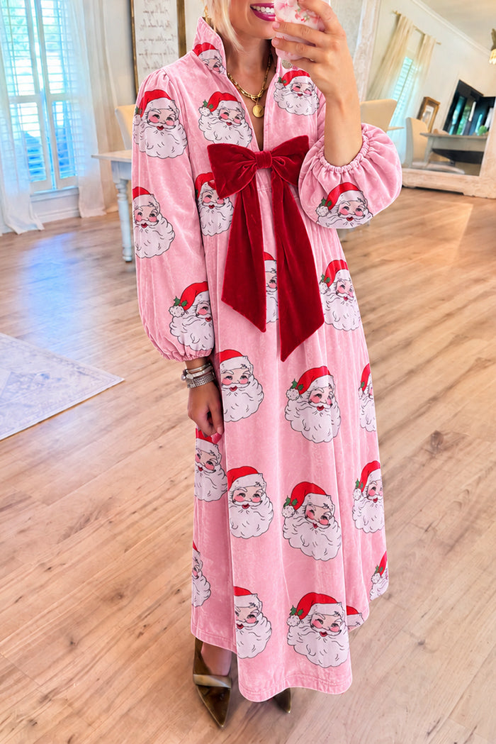 Pink Velvet Santa Bow Maxi Dress