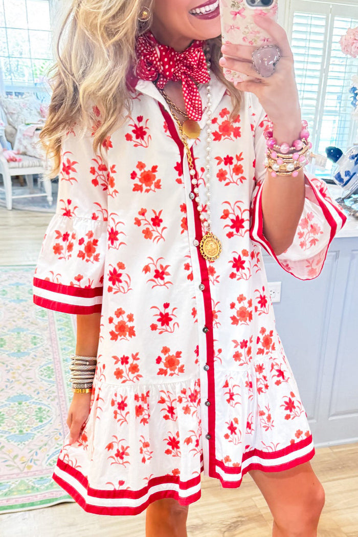 Floral Print Button Up Short Sleeve Dress