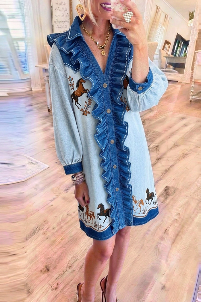 Two Tone Denim Ruffle Placket Western Horse Embroidery Dress