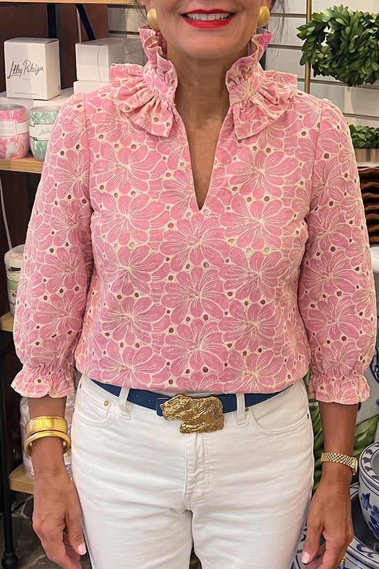 Floral Eyelet Ruffle Neck Top