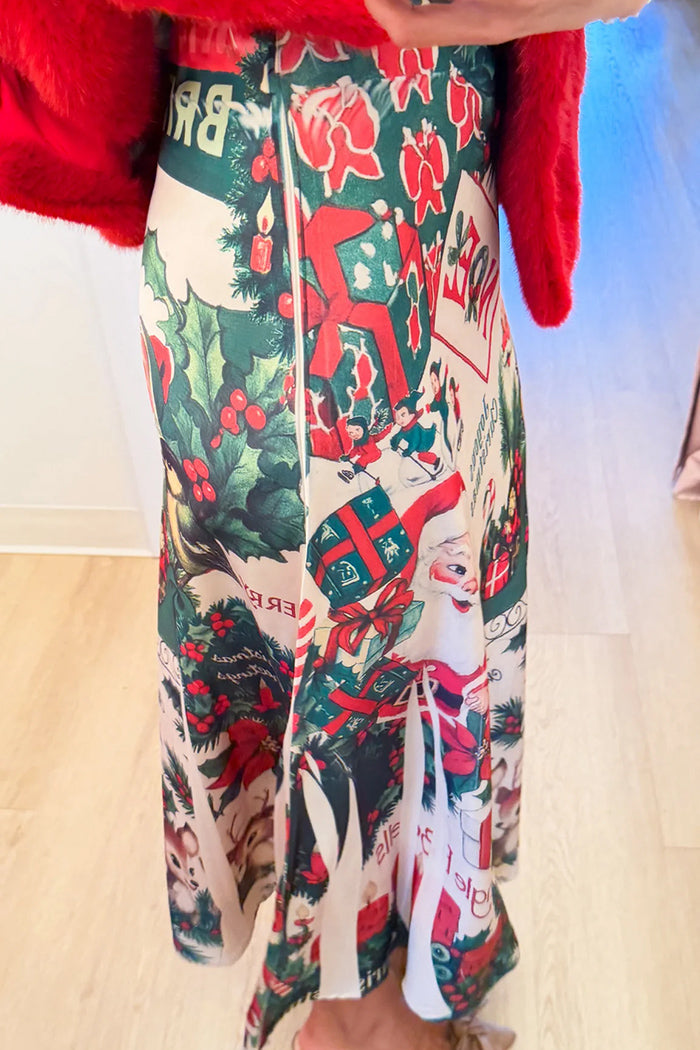 Christmas Print Satin Midi Skirt