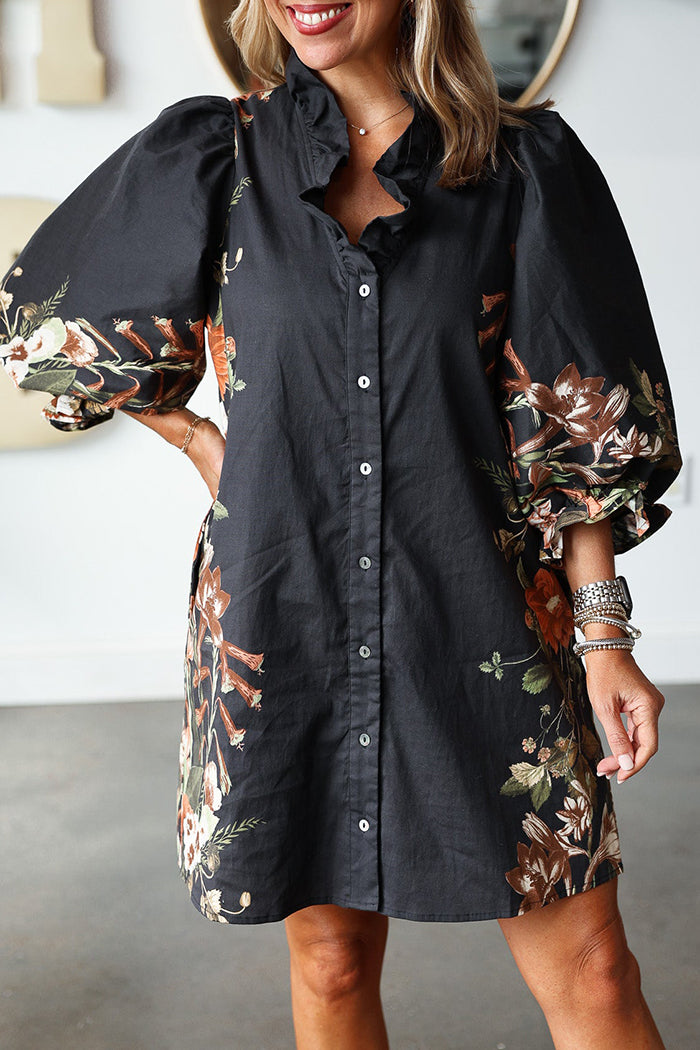 Button Front Floral Side Pocket Dress