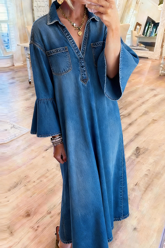 Denim Bell Sleeve Maxi Shirt Dress