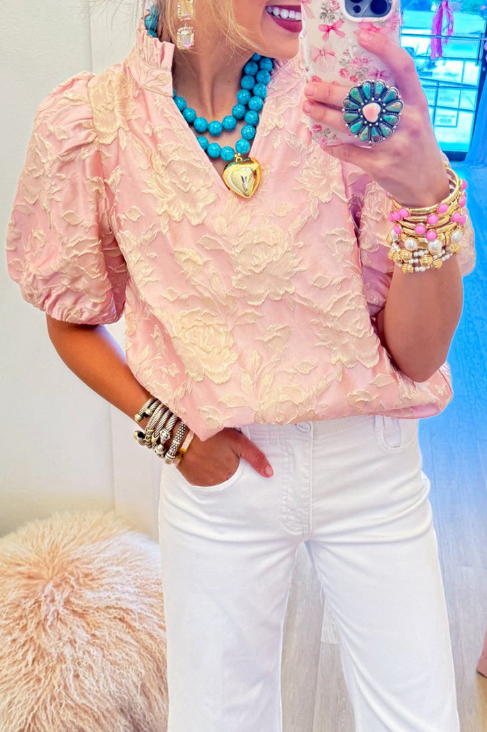 Ruffle Neck Puff Sleeve Floral Blouse