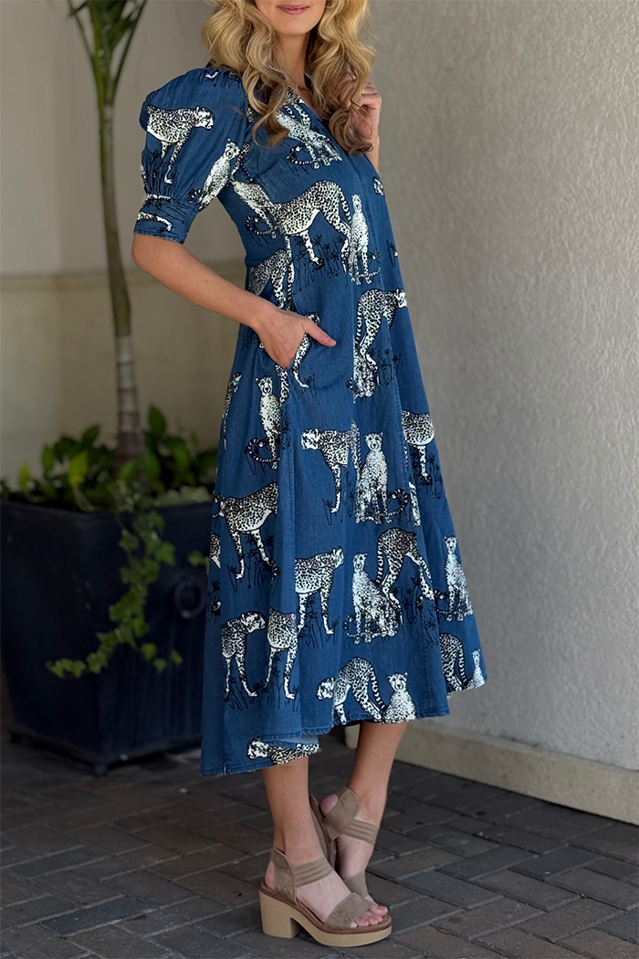 Navy Cheetah Pocket Puff Sleeves Dress