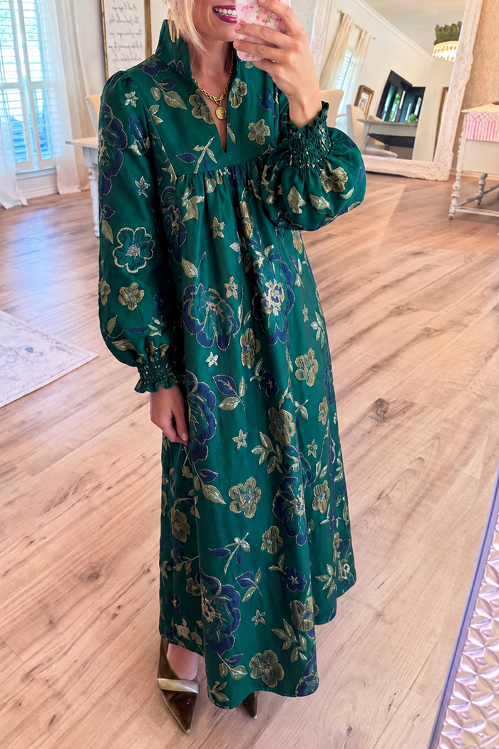 Green Floral Jacquard Smocked Sleeve Pockets Maxi Dress