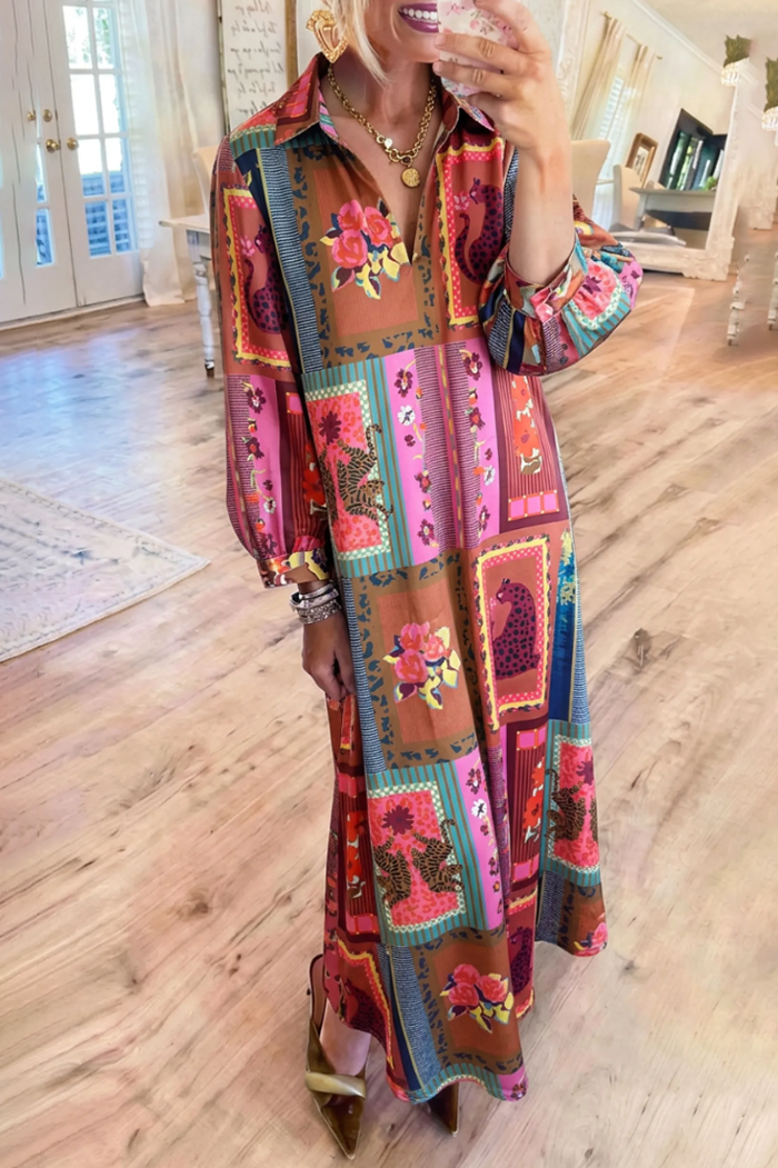 Patchwork Print Bubble Long Sleeves Shirt Maxi Dress