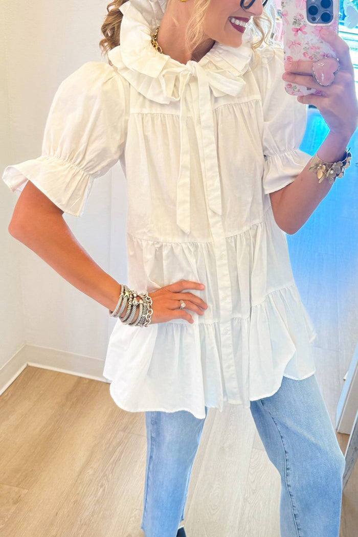 Off White High Ruffle Neck Dress