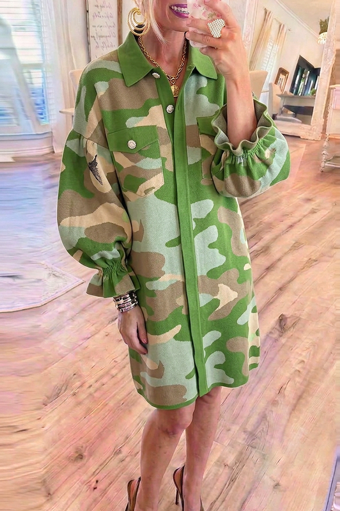 Green Camo Knit Collared Puff Sleeve Pocket Dress