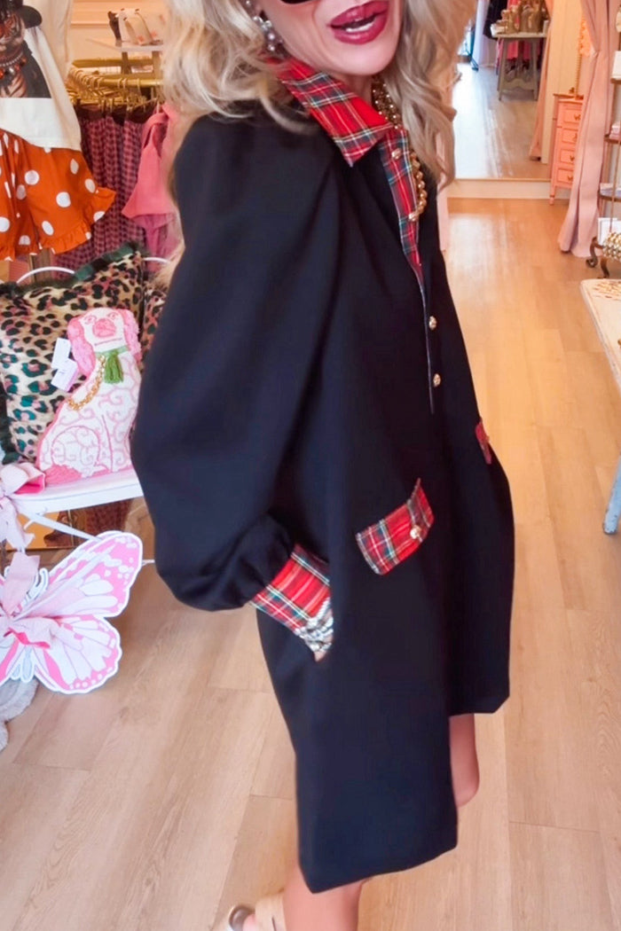 Black Plaid Accent Pocket Shift Dress
