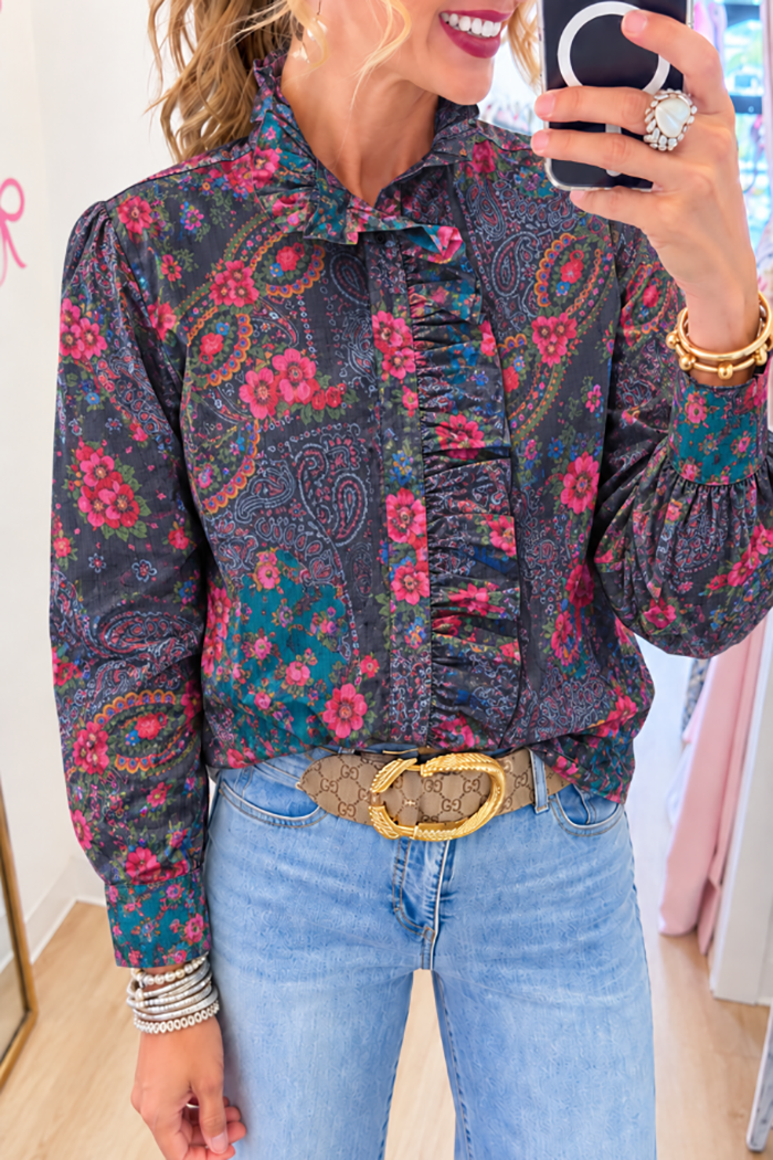 Ruffle Placket Navy Paisley Shirt Top