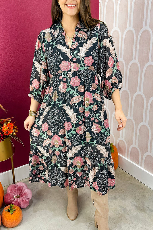 3/4 Sleeve Floral-Print Midi Dress