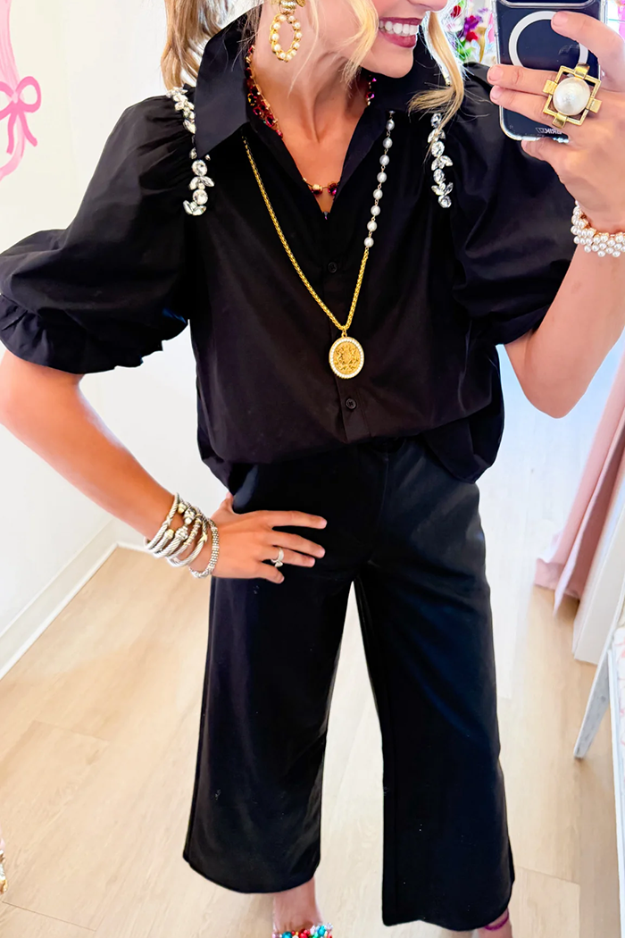 Black Rhinestone Puff Sleeve Top