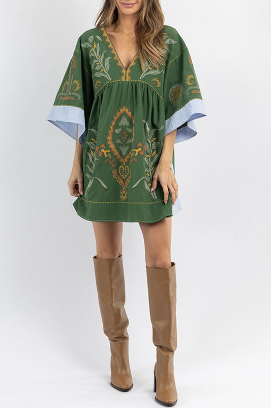 V-Neck Plant Print Dress