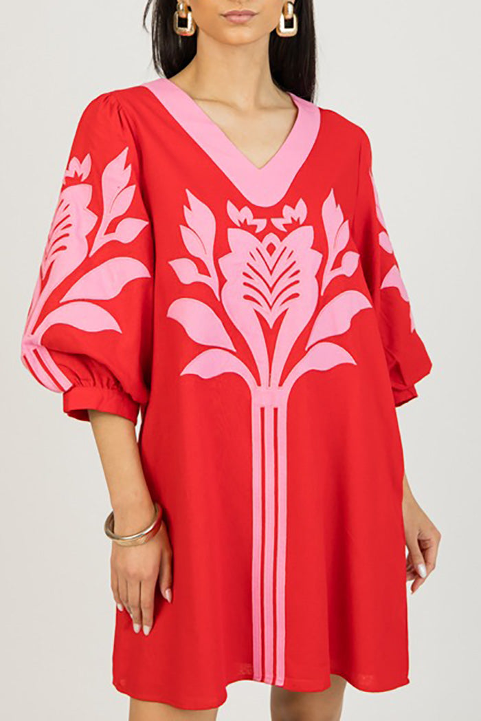 Red Pink Floral Embroidery Pocket Dress