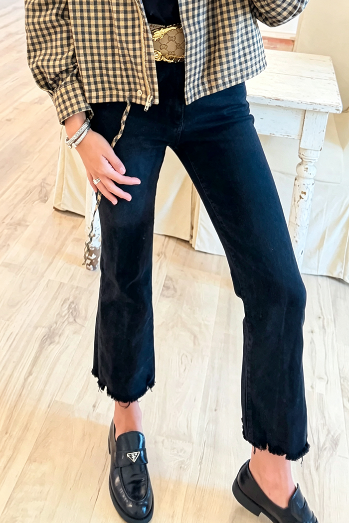 Black Cropped Frayed Hem Flare Jeans