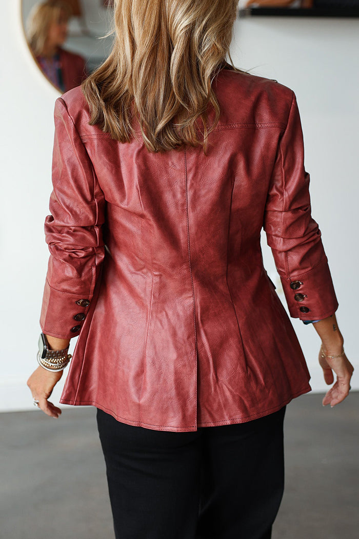 Faux Leather Pocketed 3/4 Scrunch Sleeves Jacket